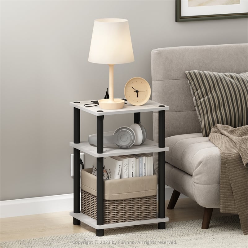 Furinno JUST 3-Tier Turn-N-Tube USB and Type-C Charging Port Marble White/Black