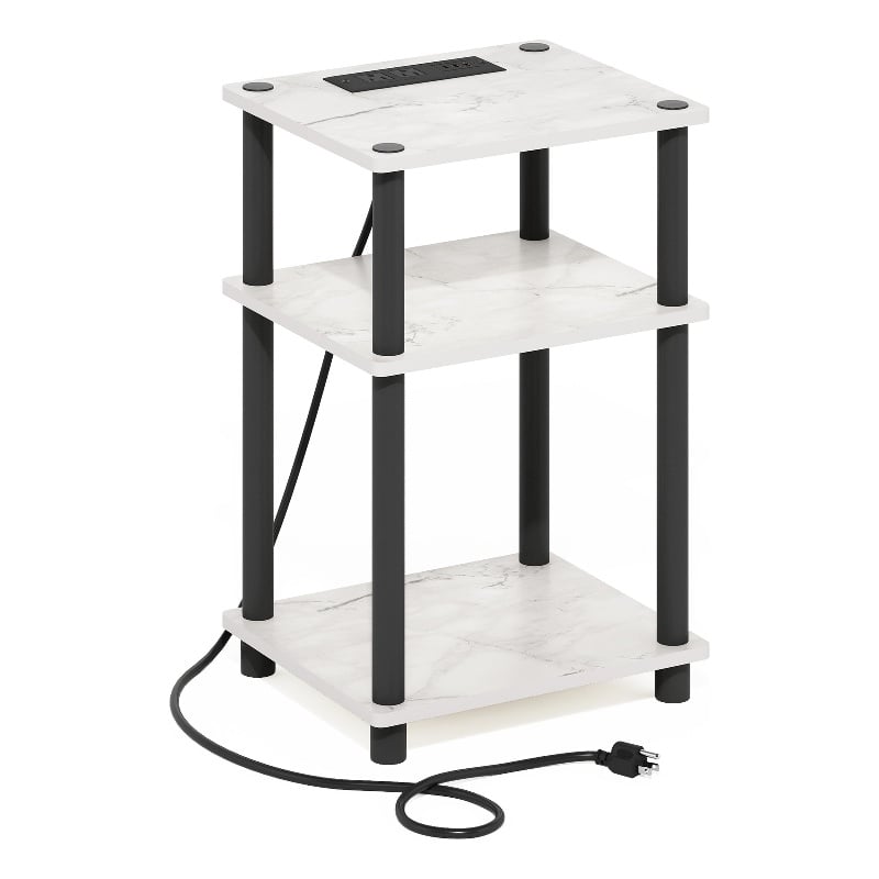 Furinno JUST 3-Tier Turn-N-Tube USB and Type-C Charging Port Marble White/Black