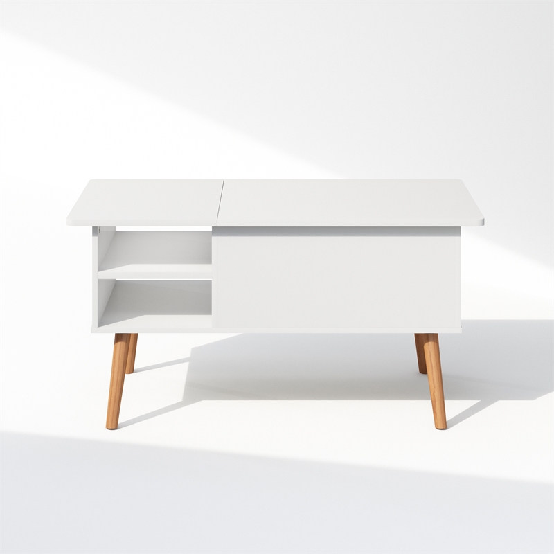 Furinno JENSEN Wooden Leg Lift Top Coffee Table With Hidden Solid White