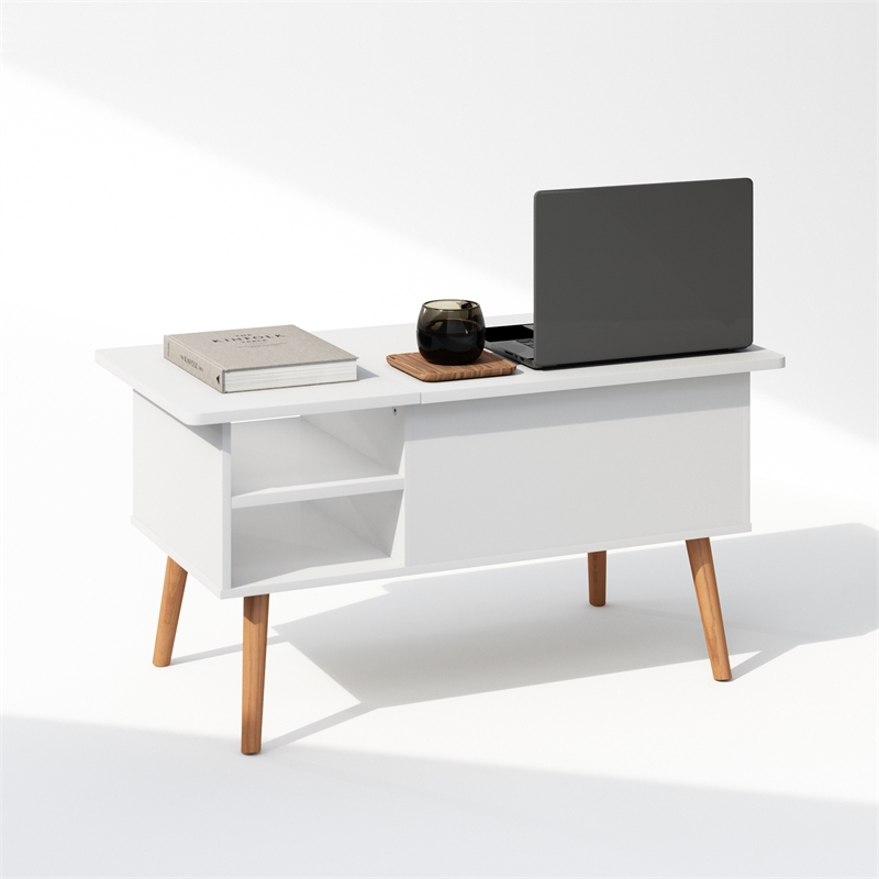 Furinno JENSEN Wooden Leg Lift Top Coffee Table With Hidden Solid White