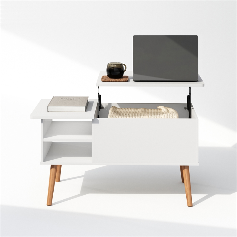 Furinno JENSEN Wooden Leg Lift Top Coffee Table With Hidden Solid White
