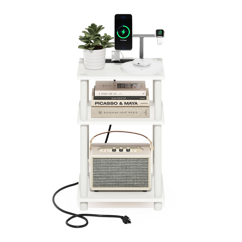 Furinno JUST 3-Tier Turn-N-Tube Open Storage Side Table in End Table White/White