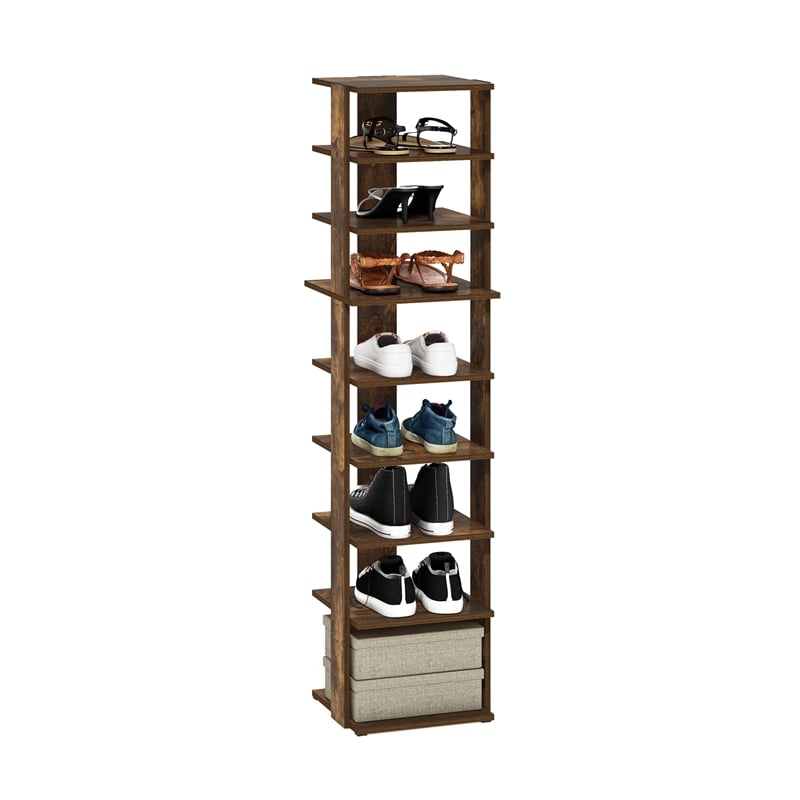 Furinno Compact 9-Tier Vertical Free Standing Shoe Tower in Shoe Rack Amber Pine