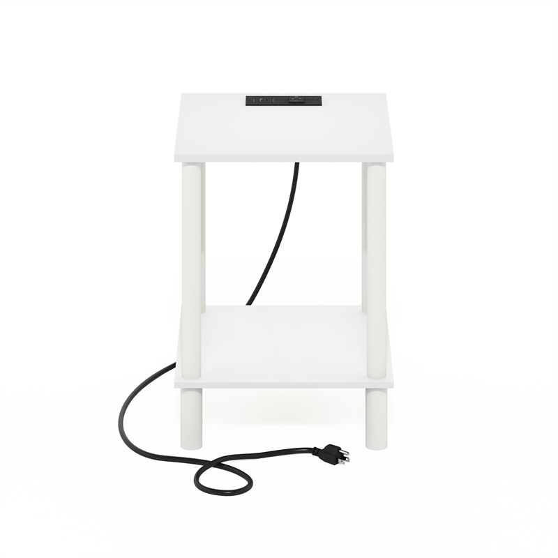 Furinno TURN-N-TUBE 2-Tier Side Table in End Table with USB and White/White