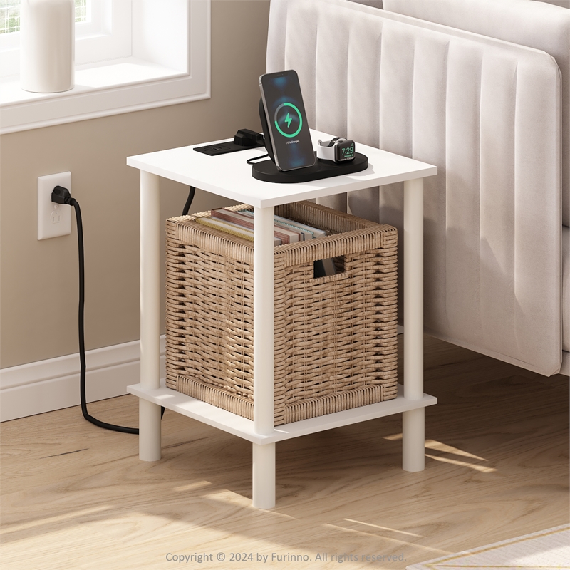 Furinno TURN-N-TUBE 2-Tier Side Table in End Table with USB and White/White