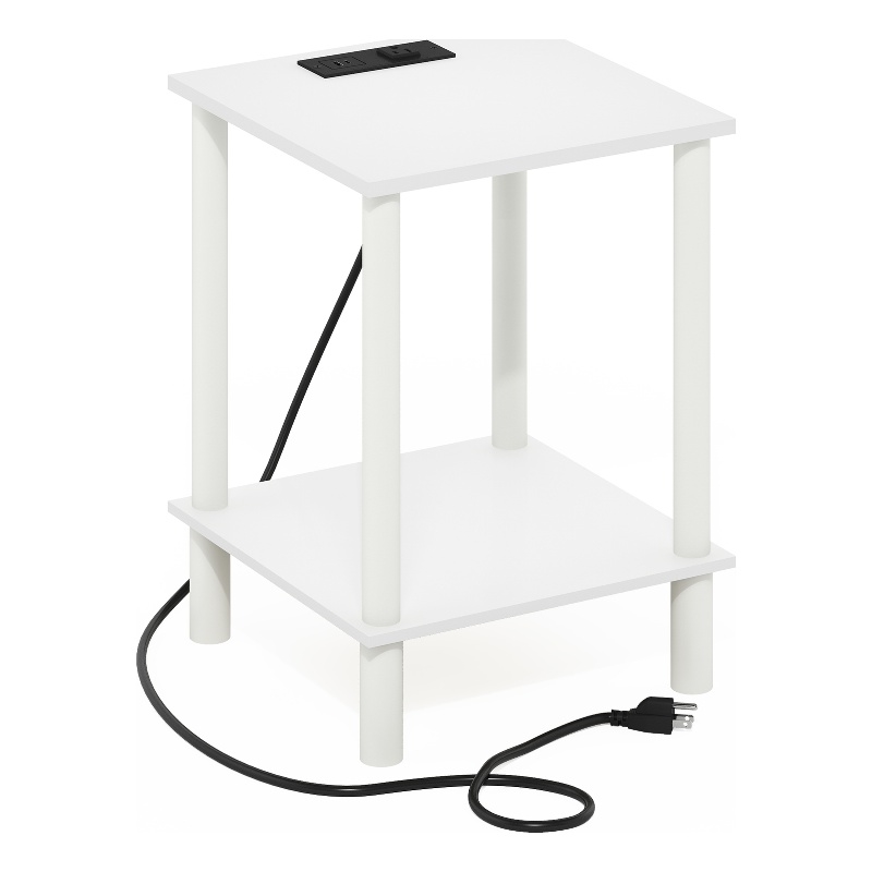 Furinno TURN-N-TUBE 2-Tier Side Table in End Table with USB and White/White