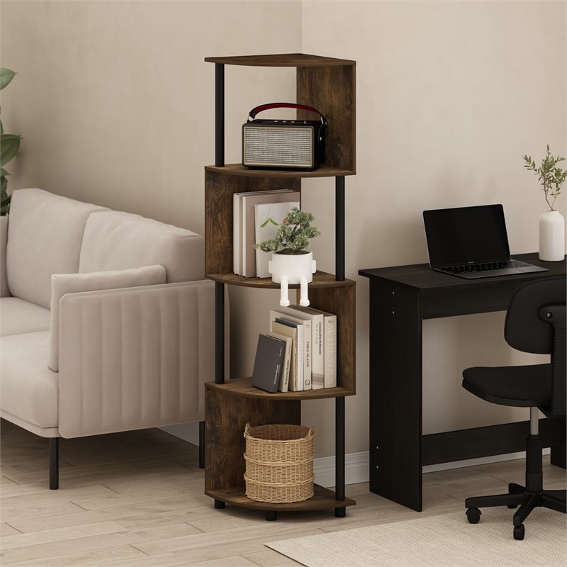 Furinno ECON 4-Tier Zigzag Corner Shelf Bookcase in Bookshelf Amber Pine/Black