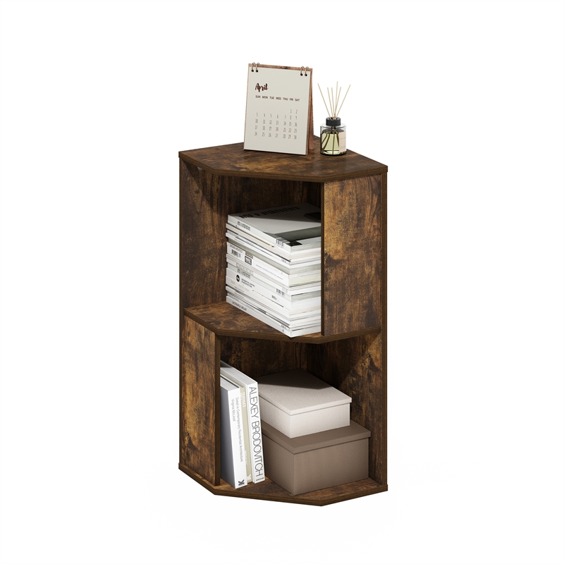 Furinno ECON 2-Tier Freestanding Corner Shelf Bookcase in Bookshelf Amber Pine