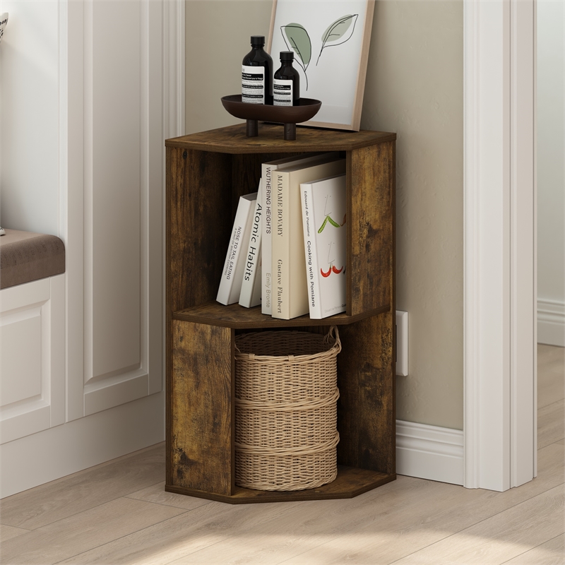 Furinno ECON 2-Tier Freestanding Corner Shelf Bookcase in Bookshelf Amber Pine