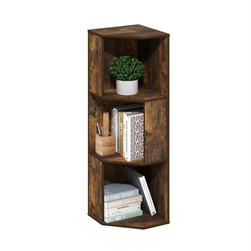 Furinno ECON 3-Tier Freestanding Corner Shelf Bookcase in Bookshelf Amber Pine