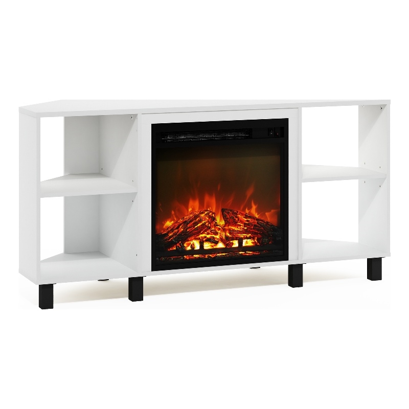 Furinno JENSEN Corner Fireplace TV Stand with 4 Open Compartments Solid White