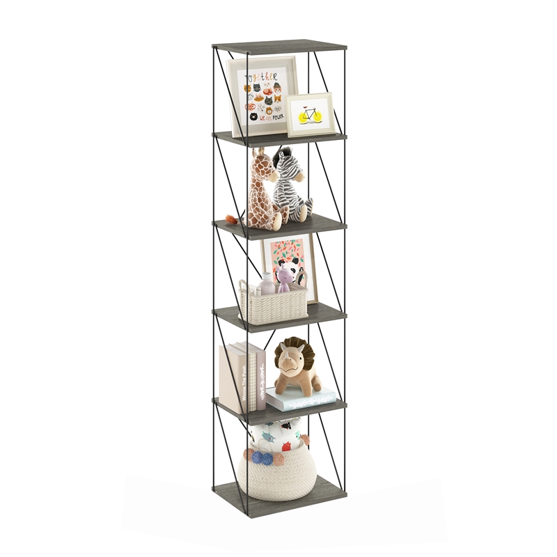 Furinno Rata 6-Tier Flat Base Shelf Display Rack Narrow in French Oak Grey