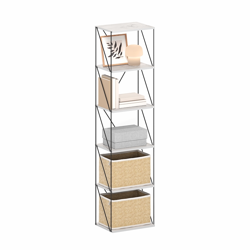 Furinno Rata 6-Tier Flat Base Shelf Display Rack Narrow in Marble White