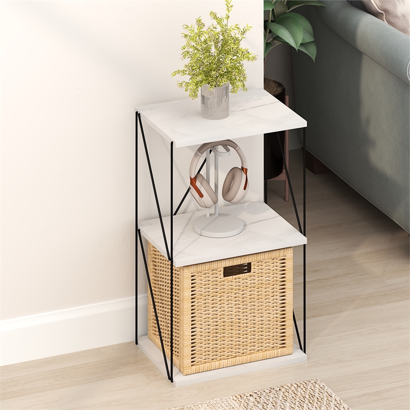 Furinno Rata 3-Tier Flat Base Shelf Display Rack in Marble White