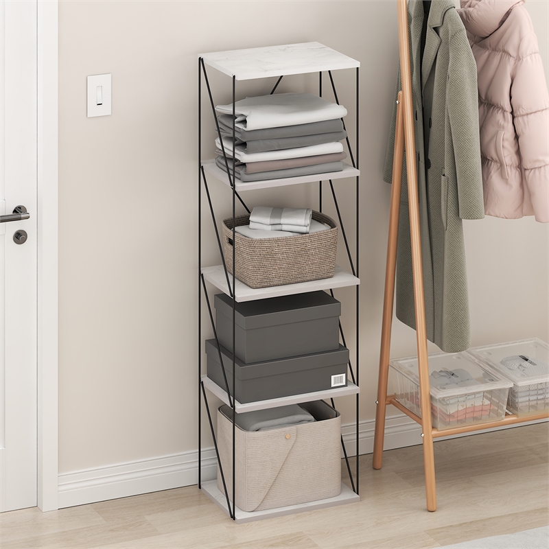 Furinno Rata 5-Tier Flat Base Shelf Display Rack Narrow in Marble White