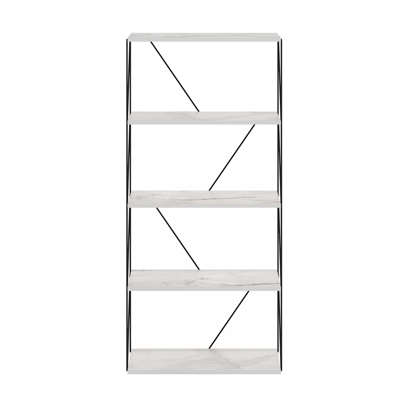 Furinno Rata 5-Tier Flat Base Shelf Display Rack Wide in Marble White
