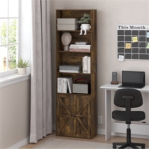 Furinno JENSEN Farmhouse 6-Shelf Display Bookcase with Doors in Amber Pine