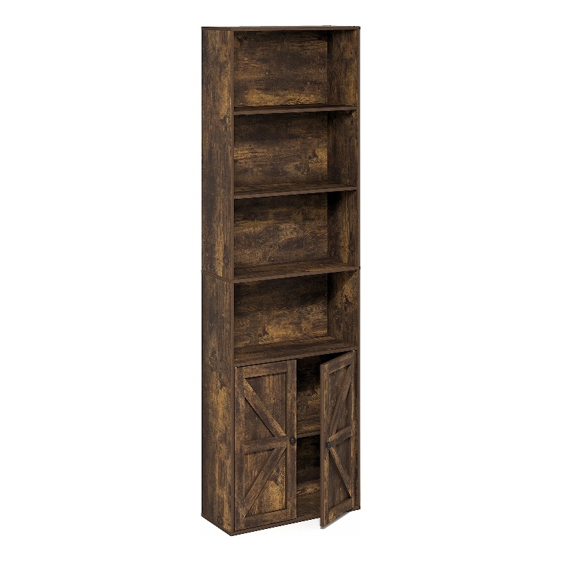 Furinno JENSEN Farmhouse 6-Shelf Display Bookcase with Doors in Amber Pine