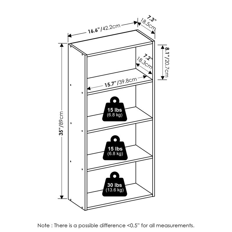 Furinno BASIC 4-Tier Open Shelf Bookcase 7 x 17 x 35inches in Amber Pine
