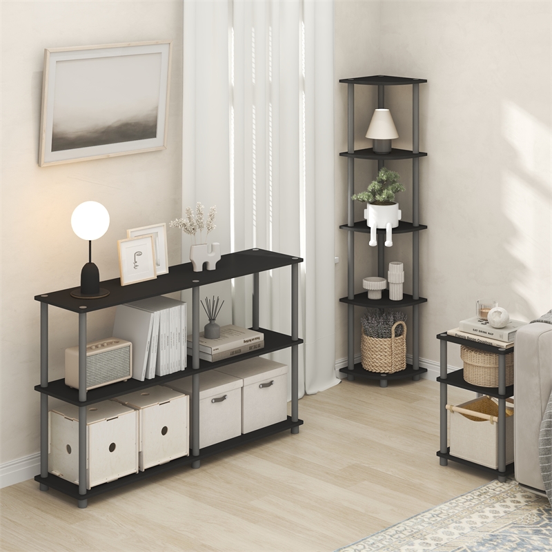 Furinno TURN-N-TUBE 5 Tier Corner Bookshelf in Plain Black