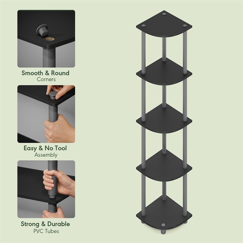 Furinno TURN-N-TUBE 5 Tier Corner Bookshelf in Plain Black