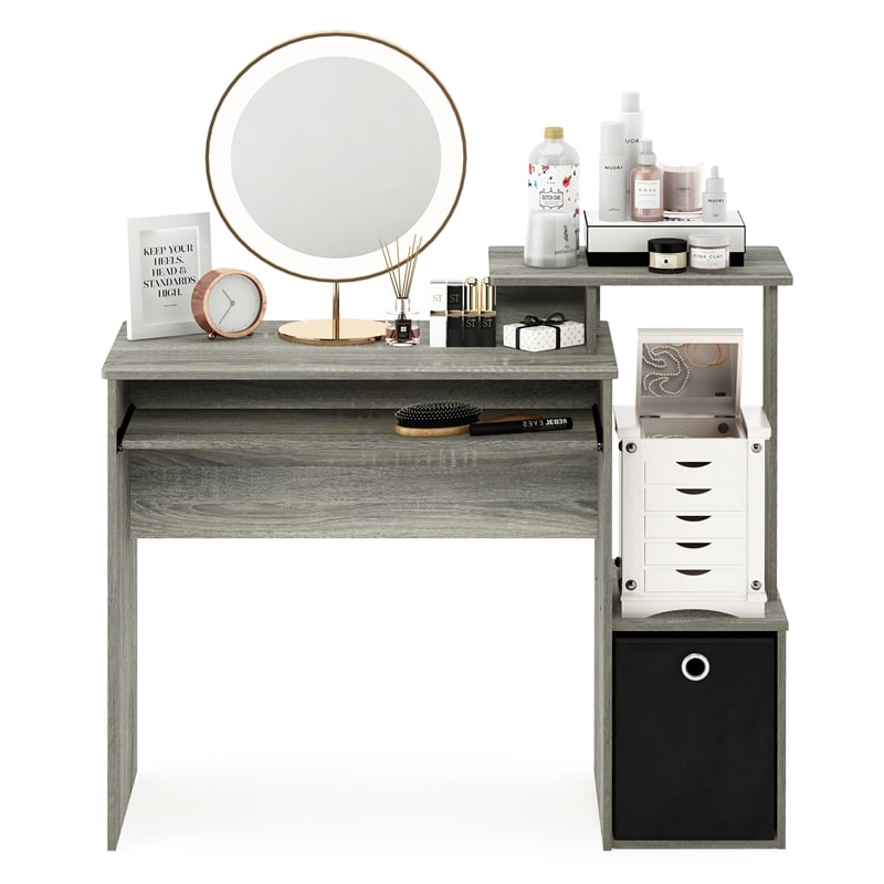 Furinno ECON Gaming Desk with Keyboard Tray and Storage Bin in Grey Oak