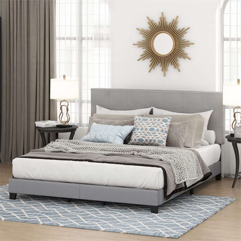 Furinno LAVAL California King Button Tufted Bed Frame 12pc Slats Light Grey