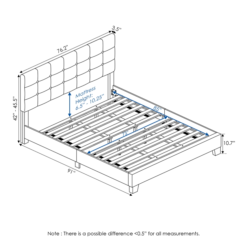 Furinno LAVAL California King Button Tufted Bed Frame 12pc Slats Light Grey
