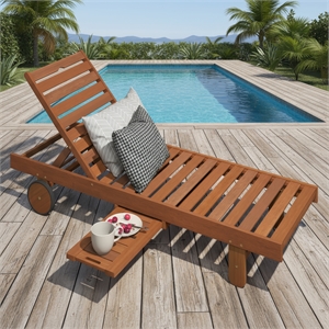 Furinno TIOMAN 76&quot Long Sun Lounge Chair Pullout Tray and Wheels Light Wood