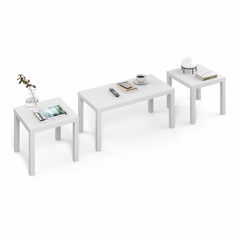 Furinno CLASSIC 3-Pc Table Set & Coffee Table & 2 Side Tables White