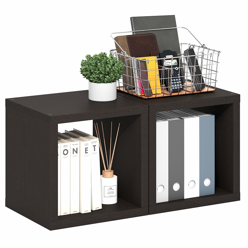 Furinno CUBICLE Set of 2 Stackable Bookshelf Open Back Black Dark Oak