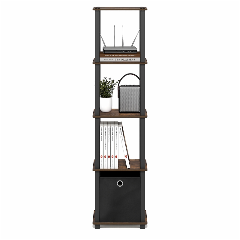 Furinno TURN-N-TUBE 5-Tier Square Open Frame Corner Shelf with Bin Amber Pine