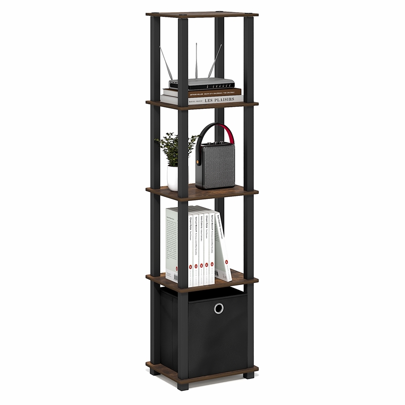 Furinno TURN-N-TUBE 5-Tier Square Open Frame Corner Shelf with Bin Amber Pine