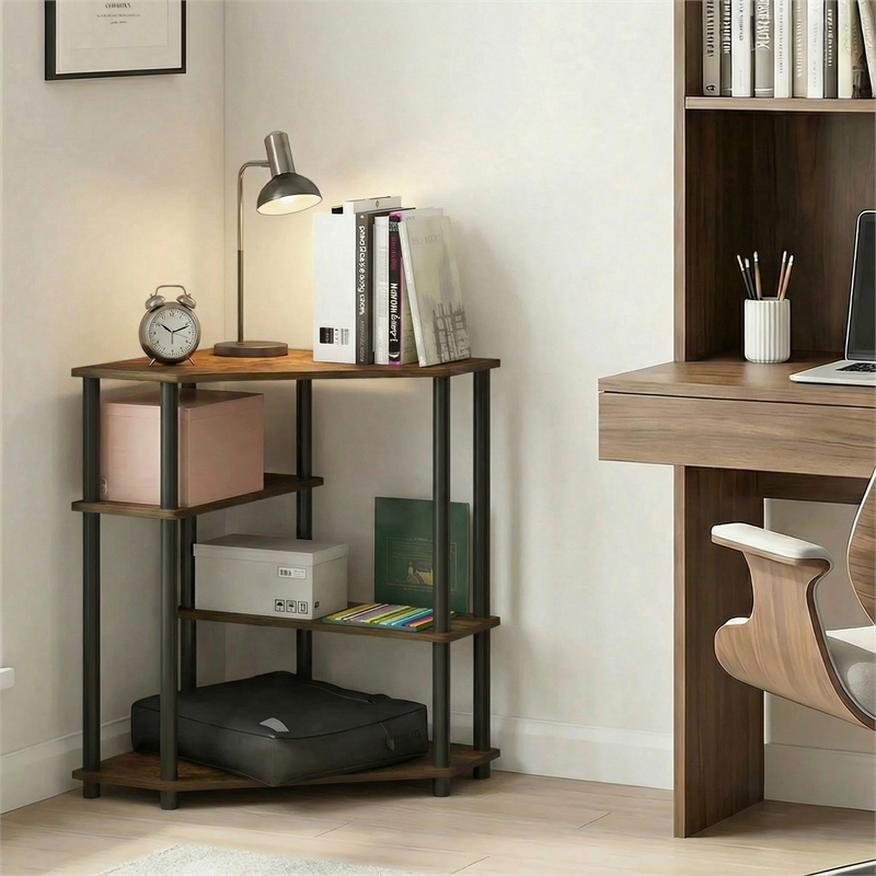 Furinno TURN-N-TUBE Corner Gaming Desk with Storage Shelves Amber Pine