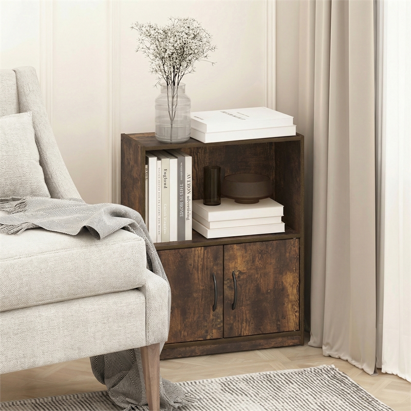 Furinno GRUEN 2-Tier Open Shelf Bookcase with Doors 9.3 x 21.8 x 27 Amber Pine