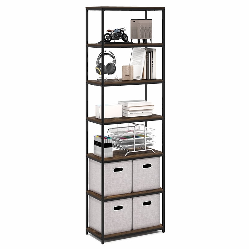 Furinno SIMPLISTIC 7-Tier Metal Frame Bookcases 11.8 x 23.6 x 74.9 Amber Pine