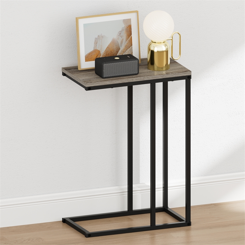 Furinno CAMNUS C-shape Metal Frame Nightstand Side/End Table French Oak Grey