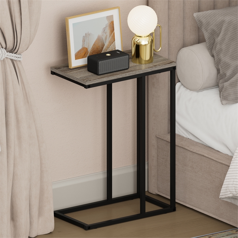 Furinno CAMNUS C-shape Metal Frame Nightstand Side/End Table French Oak Grey