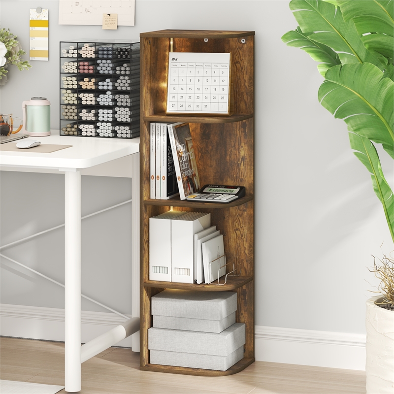 Furinno PASIR 4-Tier LED Open Corner Shelf Bookcase 9.3 x 12 x 41.4. Amber Pine