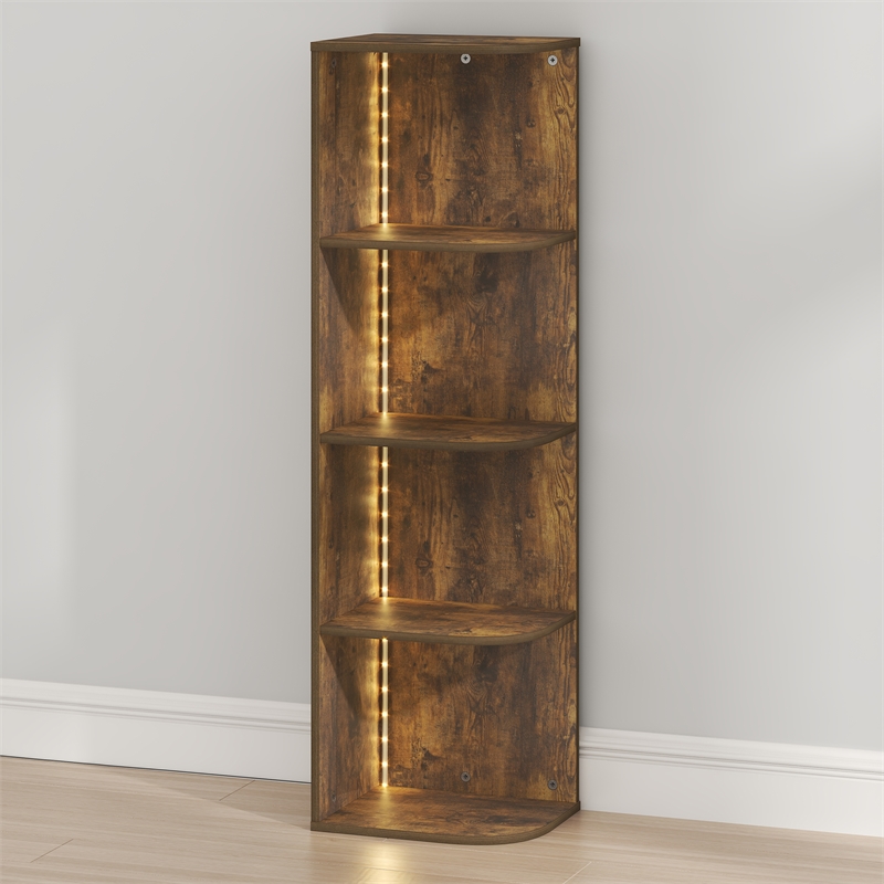Furinno PASIR 4-Tier LED Open Corner Shelf Bookcase 9.3 x 12 x 41.4. Amber Pine