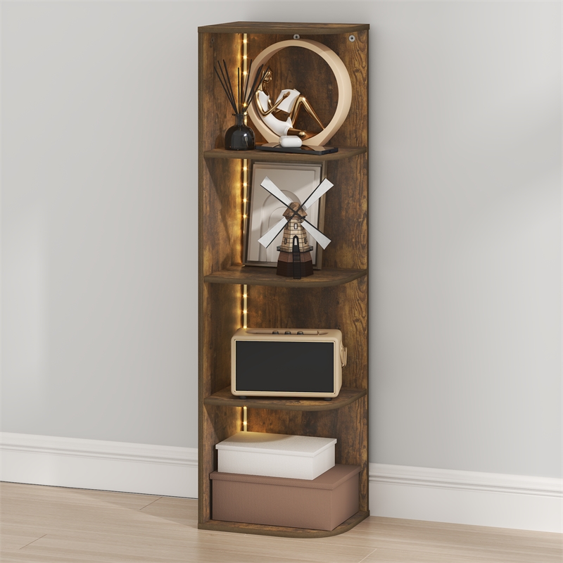 Furinno PASIR 4-Tier LED Open Corner Shelf Bookcase 9.3 x 12 x 41.4. Amber Pine