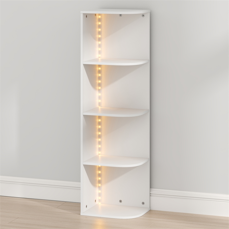 Furinno PASIR 4-Tier LED Open Corner Shelf Bookcase 9.3 x 12 x 41.4. White