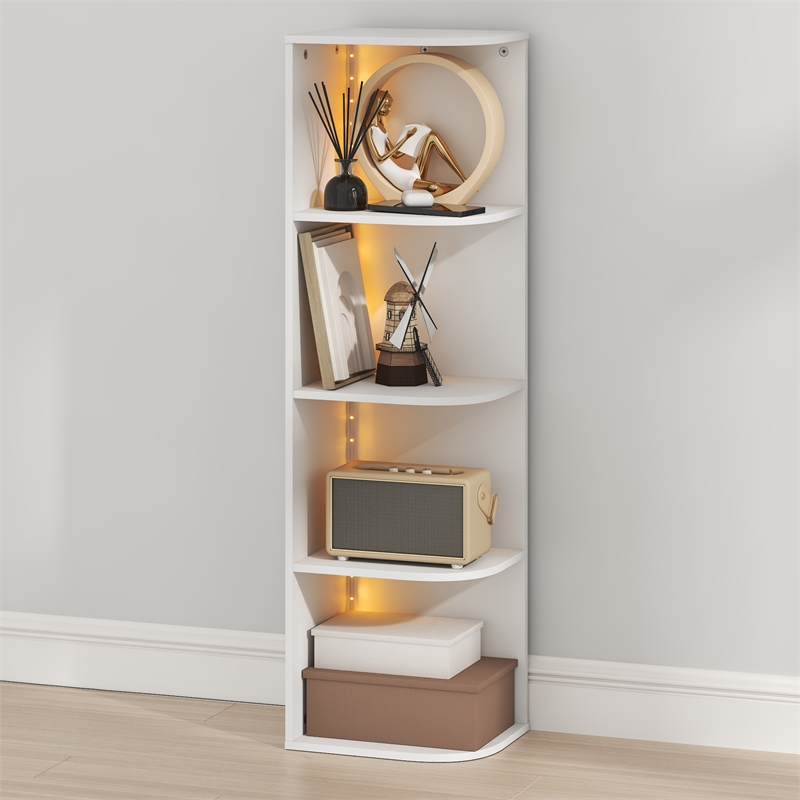 Furinno PASIR 4-Tier LED Open Corner Shelf Bookcase 9.3 x 12 x 41.4. White
