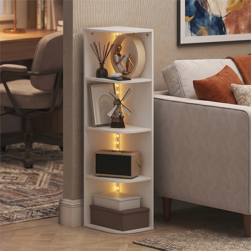 Furinno PASIR 4-Tier LED Open Corner Shelf Bookcase 9.3 x 12 x 41.4. White