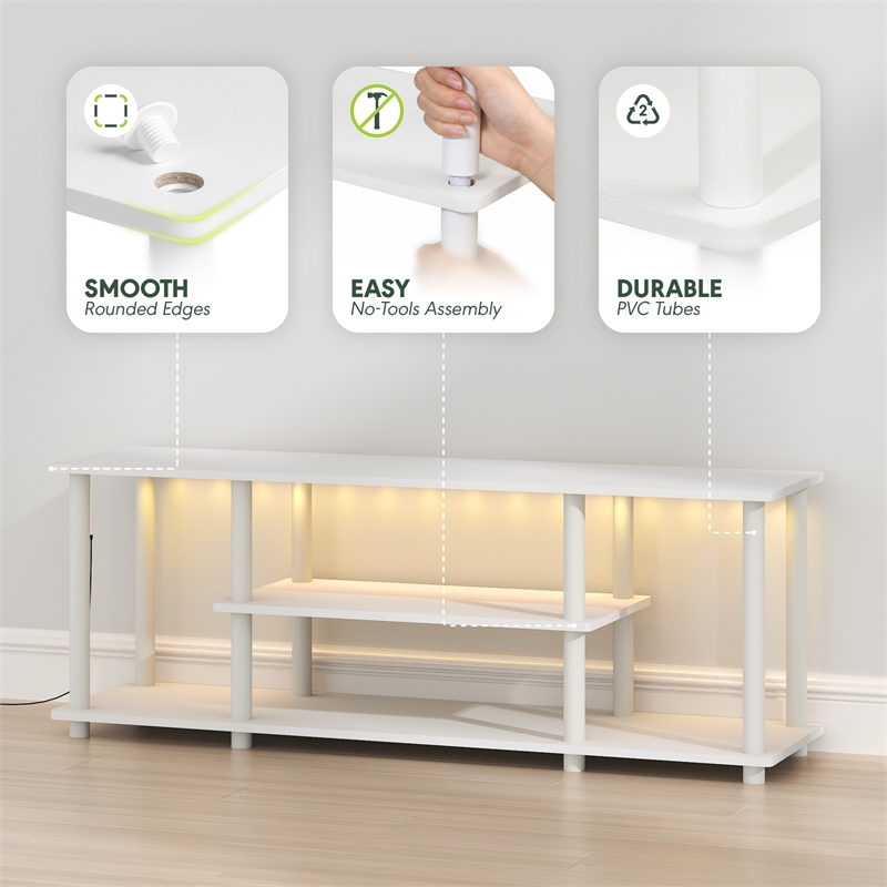 Furinno TURN-N-TUBE 3-Tier LED No Tools TV Stand for TV up to 50 Inch. White