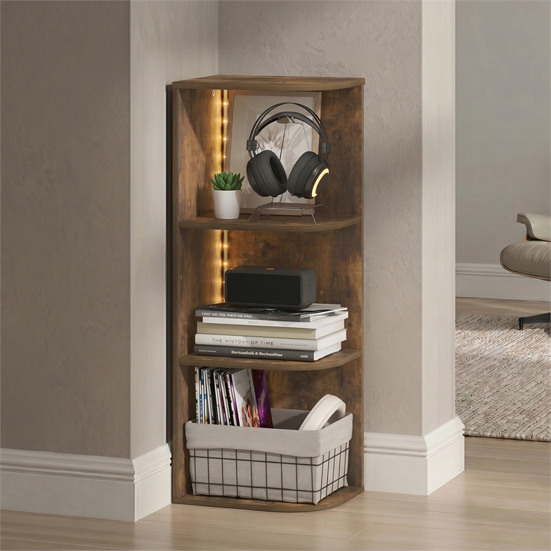 Furinno PASIR 3-Tier Corner LED Lights Open Shelves Bookcase. Amber Pine