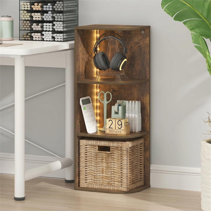Furinno PASIR 3-Tier Corner LED Lights Open Shelves Bookcase. Amber Pine