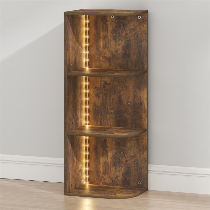 Furinno PASIR 3-Tier Corner LED Lights Open Shelves Bookcase. Amber Pine