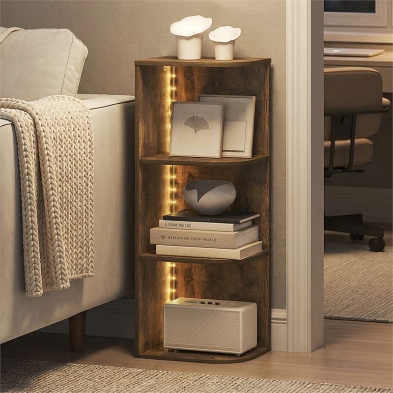 Furinno PASIR 3-Tier Corner LED Lights Open Shelves Bookcase. Amber Pine