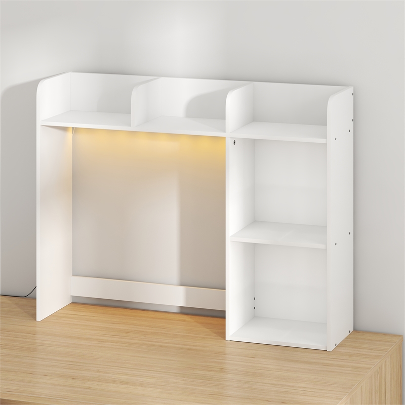 Furinno CLASSIC 5-Shelf LED Lights Desktop Hutch Desk Organzier. White